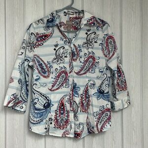 Chico's White and Blue Paisley Blouse